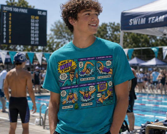 Person wearing a blue t-shirt with comic-style graphics at a swim team event.
