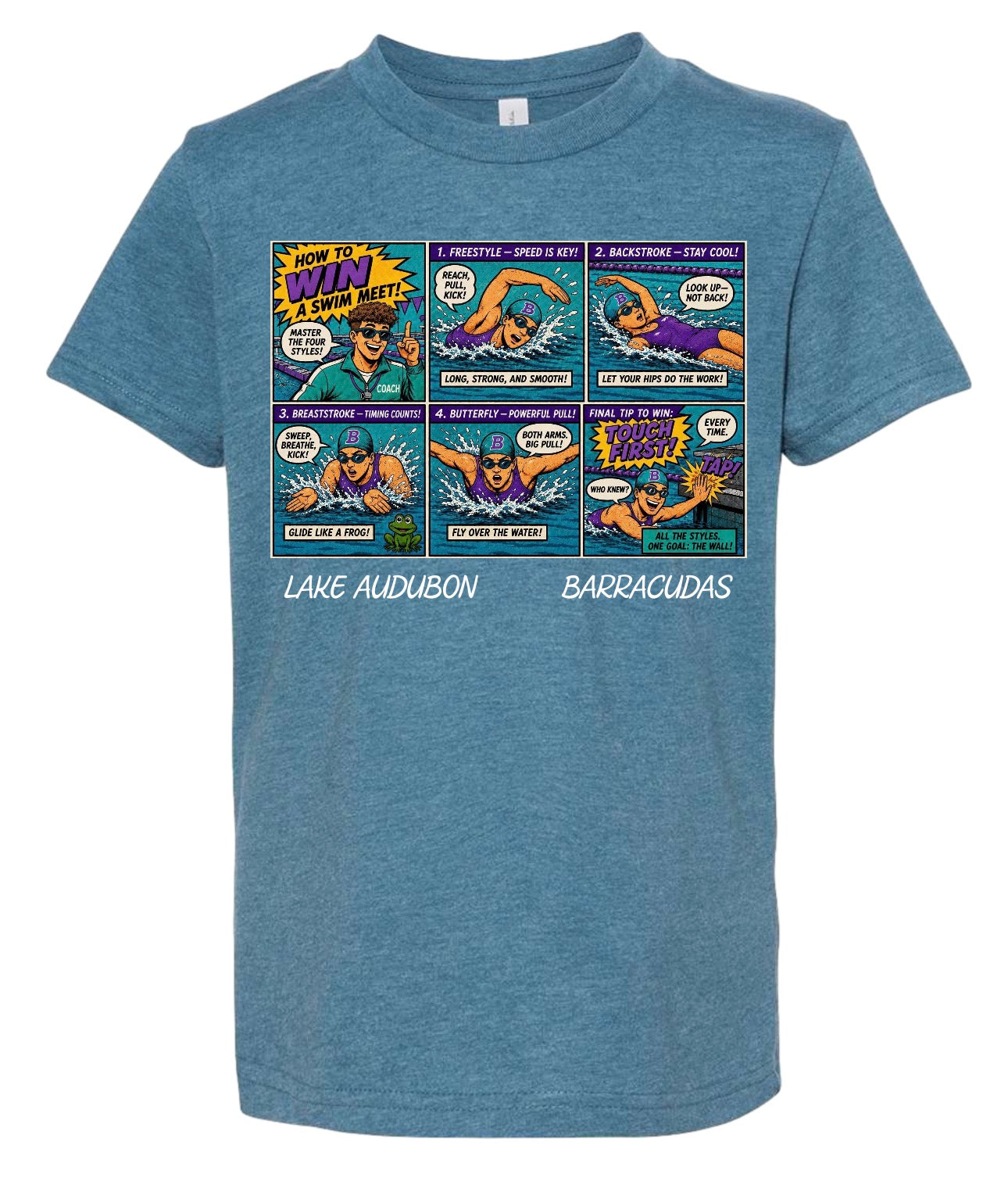 How to Win a Swim Meet Comic T-Shirt  for Adults | Four Strokes Swim Tee