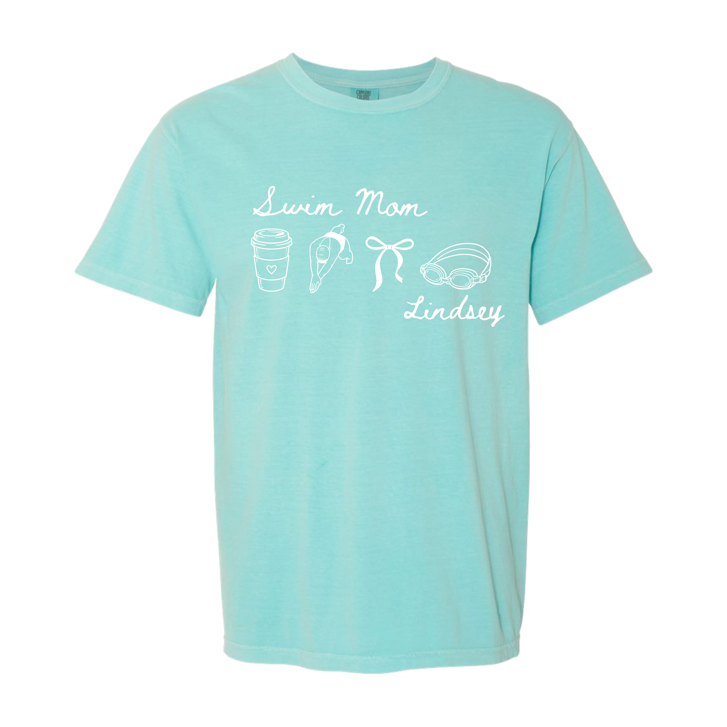 Swim Mom Customizable Adult Comfort Colors® Boxy T-Shirt | Illustration Bow Swim Team Graphic Tee