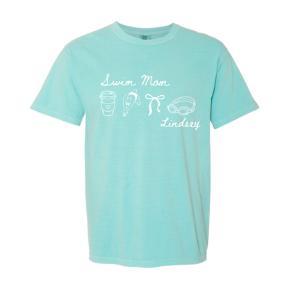 Swim Mom Customizable Adult Comfort Colors® Boxy T-Shirt | Illustration Bow Swim Team Graphic Tee
