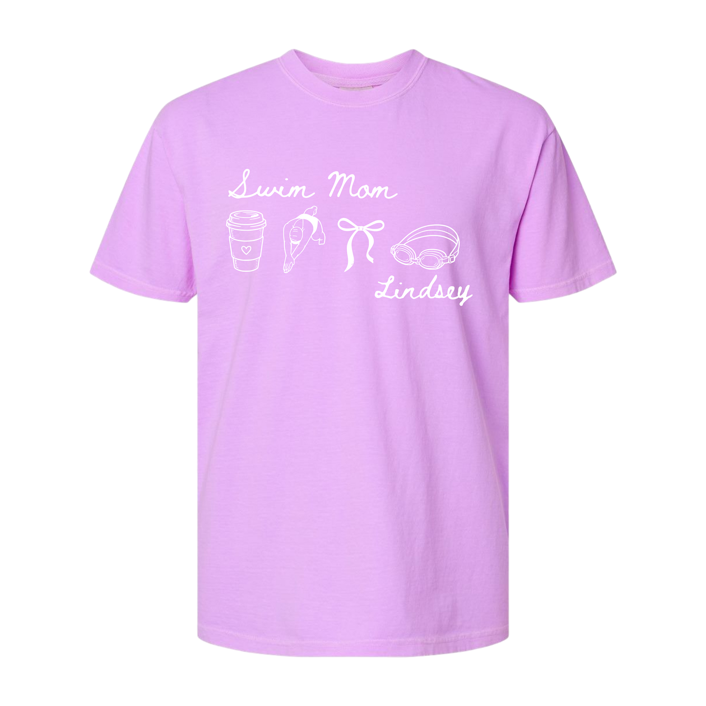 Swim Mom Customizable Adult Comfort Colors® Boxy T-Shirt | Illustration Bow Swim Team Graphic Tee