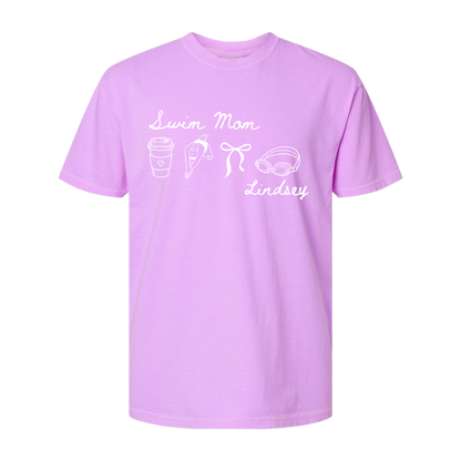 Swim Mom Customizable Adult Comfort Colors® Boxy T-Shirt | Illustration Bow Swim Team Graphic Tee
