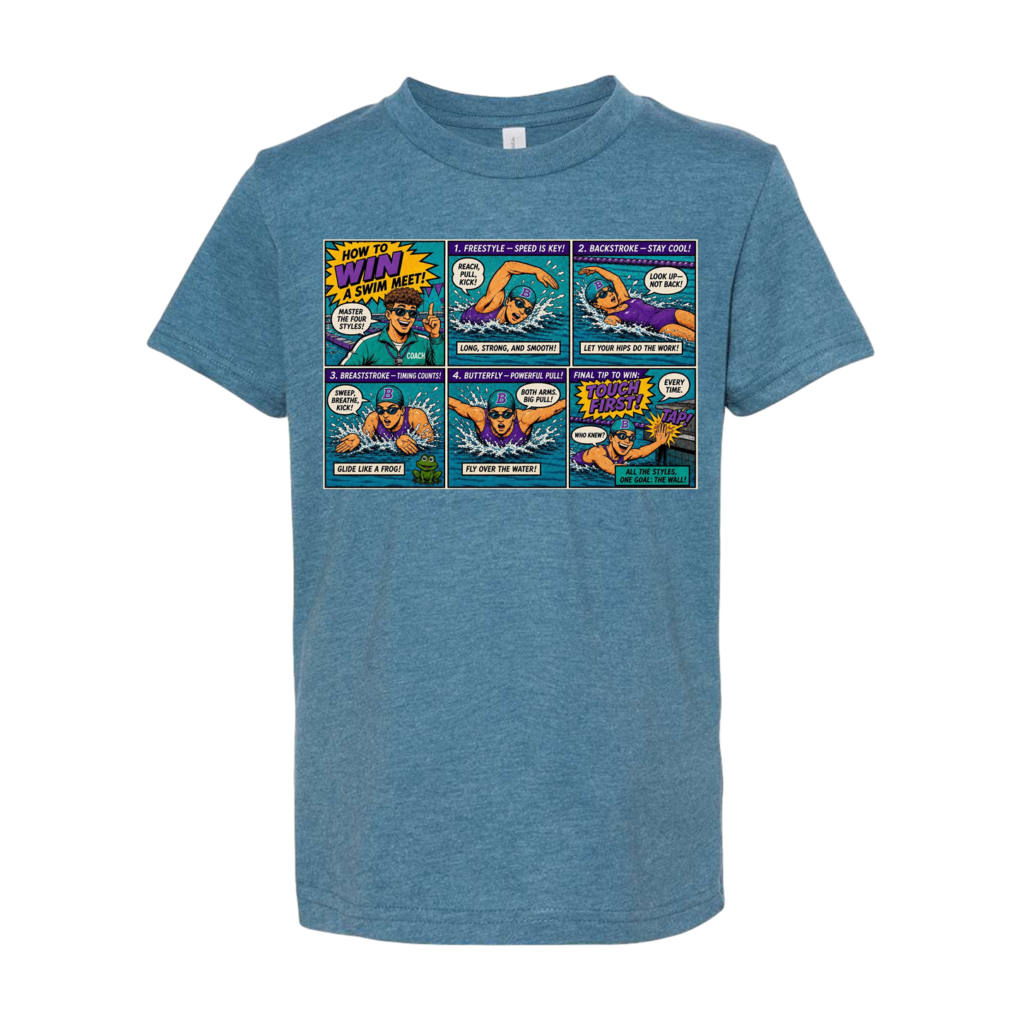 How to Win a Swim Meet Comic T-Shirt  for Adults | Four Strokes Swim Tee