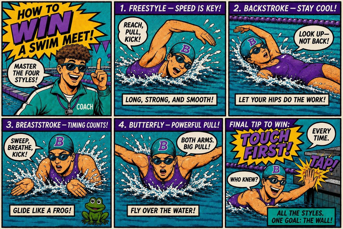 How to Win a Swim Meet Comic T-Shirt  for Adults | Four Strokes Swim Tee