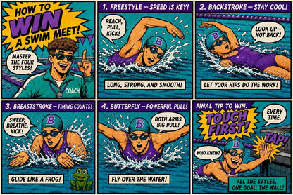How to Win a Swim Meet Comic T-Shirt  for Adults | Four Strokes Swim Tee